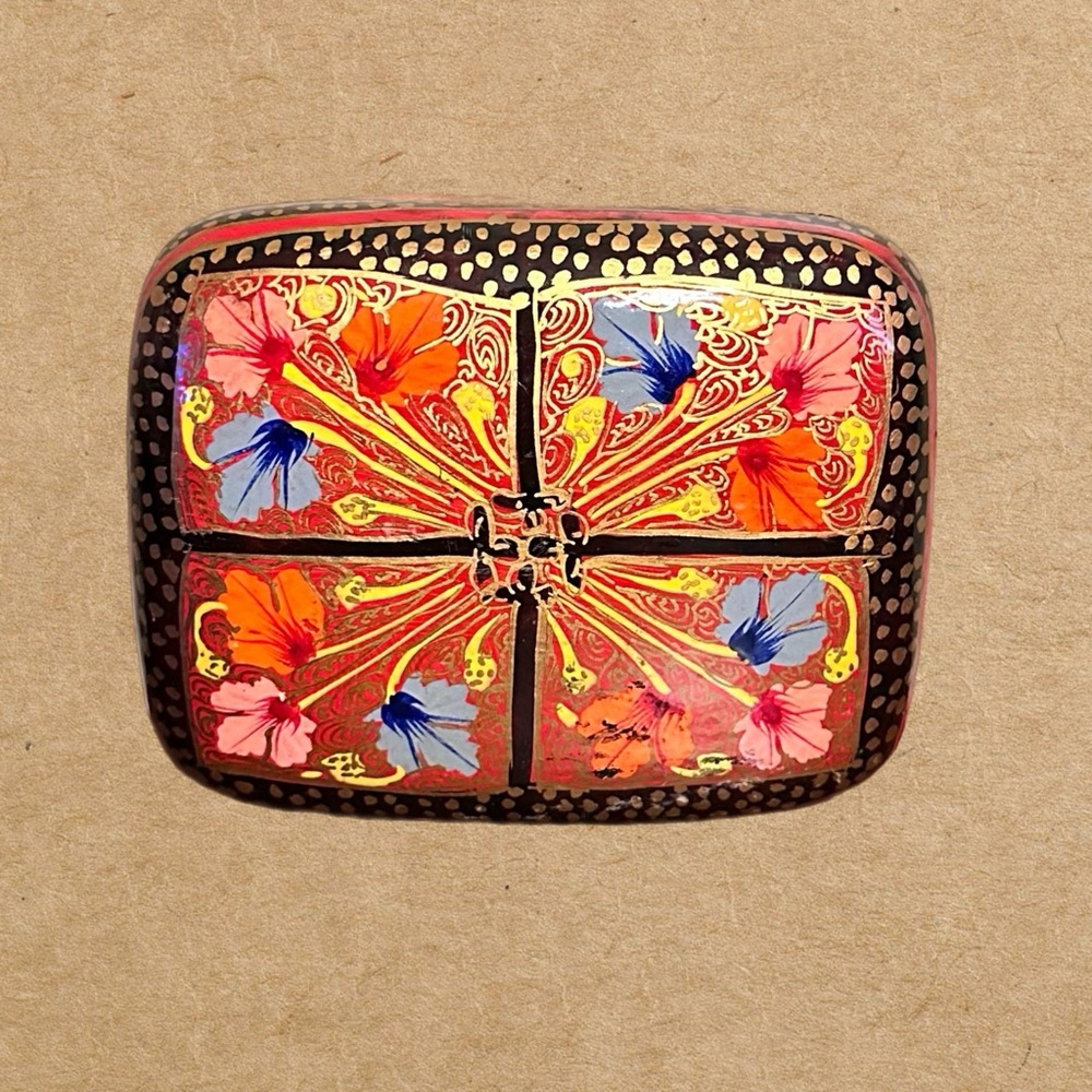 hand-painted Kashmiri paper mache decorative box.